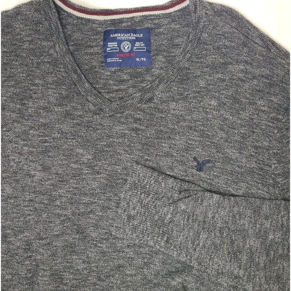 American Eagle Mens XL V Neck Sweater Gray Cotton Lightweight Pullover